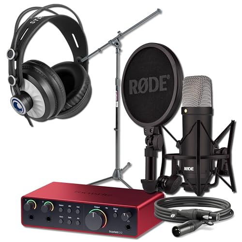 Rode NT1 Signature Series Condenser Microphone with Scarlett 2i2 4th Gen USB Audio Interface, On-Stage MS7701B Boom Microphone Stand and Cans50 Monitoring Headphones