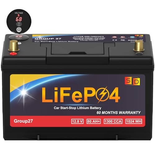 Car Battery GROUP 27 Start and Stop Lithium-ion Car Battery, 12.8V 80Ah 1300CCA LiFePO4 Automotive Battery For Car, With LED Display and Emergency Start Button,
