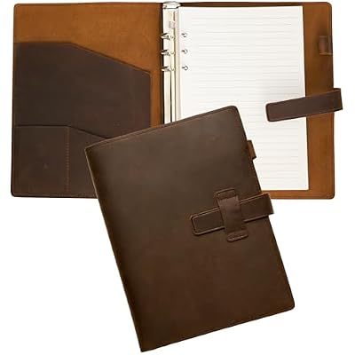 Refillable A5 Leather Binder Notebook 6-Ring, Reusable Genuine Leather Journal, Vintage Planner, 120 Pages Lined Paper & Pocket, for Writers Business Work Study College and Daily, 6.9x 9