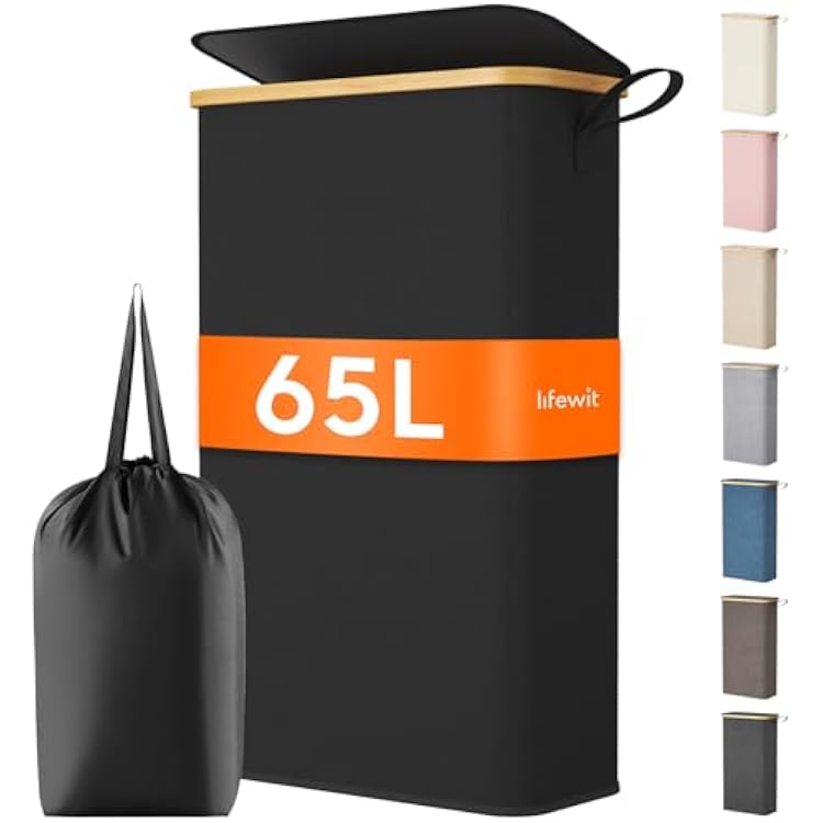 Lifewit 65L Slim Laundry Hamper with Lid, Narrow Laundry Basket with Removable Bag & Bamboo Handles, Fodable Thin Dirty Clothes Hamper for Laundry Collapsible Bin for Bathroom Bedroom Dorm, Black