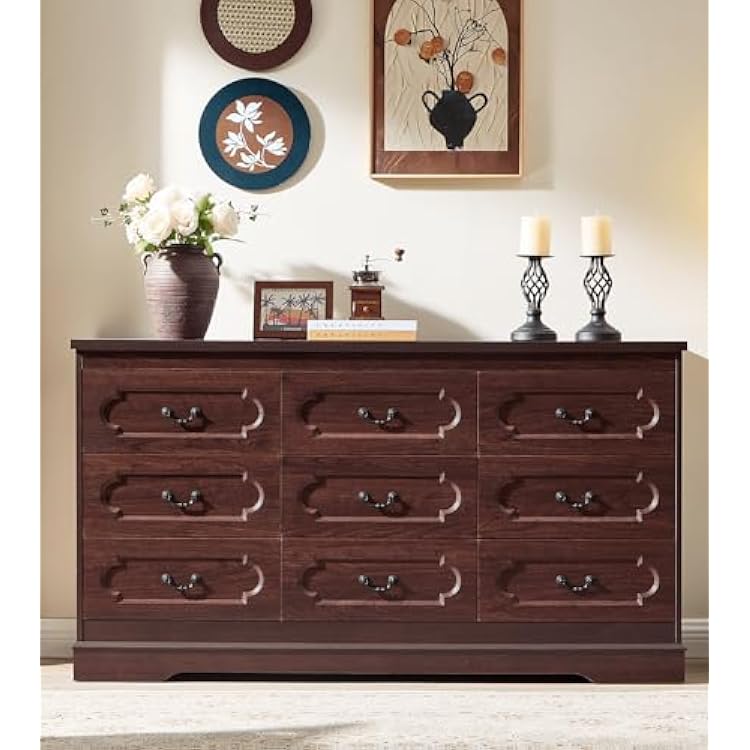 LIDYUK 9 Drawer Dresser for Bedroom Farmhouse Cherry Tall Wood Chest of Drawers for Bedroom Dresser, Modern Rustic 59 Wide Drawers Dressers Wooden Closet and Storage Cabinet, Hallway, Living Room