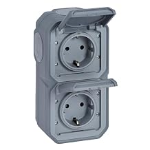 LEGRAND, Plexo New 069744L Standard Double Schuko Socket for Wet Rooms, with Hinged Cover, Contact Protection, Plug-In Terminals, Pre-Wired, Vertical, IP44 - IK07, Colour