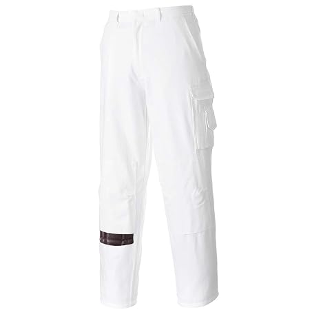 Portwest Painters Trousers Work Pants Protection Protect Overall Decorator Paint, Medium White | White, Medium, UPF 50+, Regular Fit, 100% Cotton Fabric, Hip and Rule Pockets, Hook and Bar Closure, Knee Pad, Workwear
