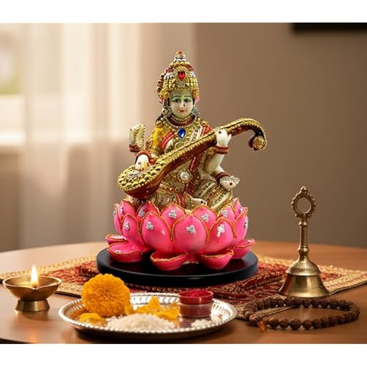 eSplanade Saraswati on Lotus | Saraswati Goddess Murti Idol Statue Sculpture Figurine - Resin - Multi - 10.5 Inches