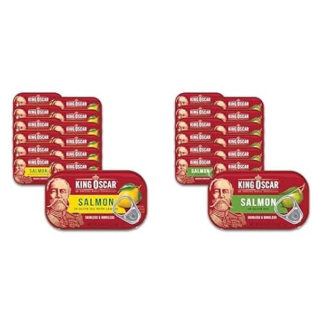 King Oscar Premium Skinless & Boneless Salmon Bundle - Olive Oil with Lemon and Classic Olive Oil (4.05-Ounce Cans, Pack of 12 Each)