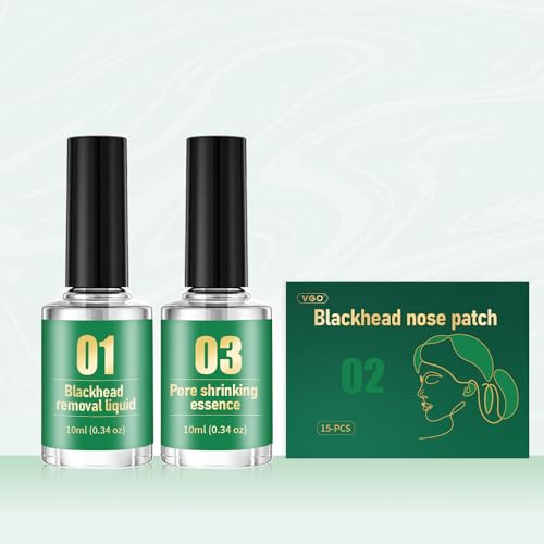 VGO Blackhead Removal Mask Set, 3-in-1 Blackhead Removal Kit with Blackhead Removal Liquid & 15Pcs Blackhead Nose Patch & Pore Shrinking Essence
