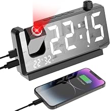 GuDoQi Projection Alarm Clock for Bedroom, Digital Clock with 180 Projector, 7" Large LED Display, Dual Alarms, Temperature&Humidity Display, Dual USB Port, 12/24H, Snooze, for Heavy Sleepers, Black