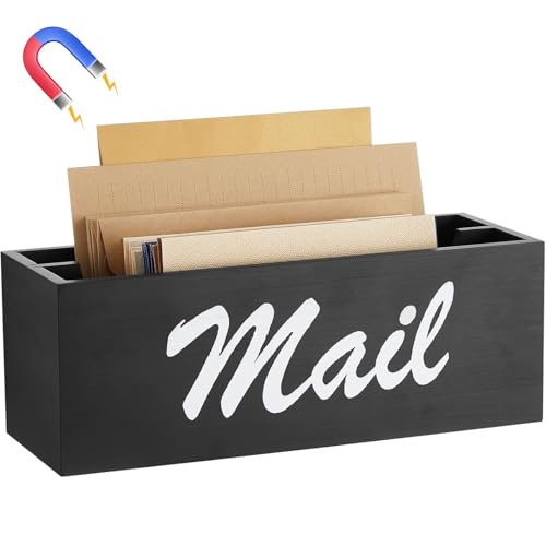 Colingmill Wood Magnetic Mail Organizer Farmhouse Mail Holder for Fridge Rustic Paper Basket Letter Envelope File Storage Box with 2 Slot for Home Office Metal Cabinet Wall Desk CountertopBlack