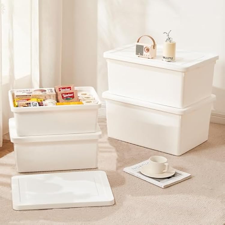 6gal3gal high-end White multifunction storage box with lid, Set of 4 Stackable Plastic Boxes with Handles, Suitable for Garage and Home Storage, Waterproof and Moisture-Proof 2XXL2L