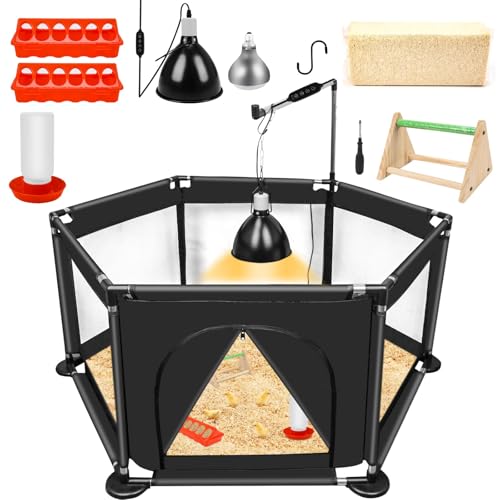 Chicks Brooder Box for Chicken Starter Kit- Includes Timing Heat Lamp Set, Detachable Chicken Brooder, Up to 15 Chicks, Sawdust, Chick Feeder and Waterer Set, Chick Perch 6-in-1 Chicken Coop Set
