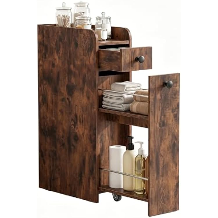 Tangkula Slim Bathroom Storage Cabinet, 4-Tier Narrow Small Side Storage Cabinet Next to Toilet, Slide Out Drawers on Casters, Floor Organizer Toilet Paper Holder for Small Spaces Rustic Brown