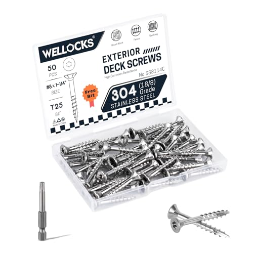 WELLOCKS Deck Screws 304 Stainless Steel #81-14 50 PCS with T25 Star Torx Drive Flat Head Wood Screws High Corrosion Resistance for Outdoor Wood FenceSS8114C