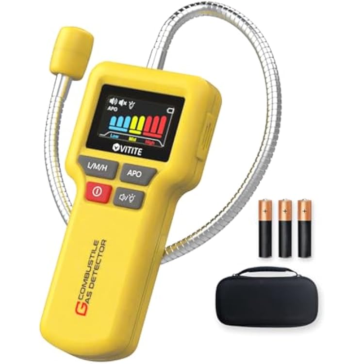 Gas Leak Detector, VITITE Natural and Propane Gas Detector for Home and RV, with Illuminated Flexible Probe, Locating The Source of Combustible Gas Leaks Includes Battery x3 & Storage Bag - Yellow