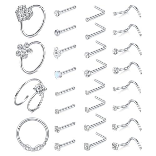 Mayhoop 20G Stainless Steel Nose Rings Nose Studs L Shape Nose Rings Studs Nose Screw Bone Diamond Corkscrew Nose Ring Nostril Nose Piercing Jewelry