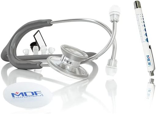 MDF Instruments Acoustica Lightweight Stethoscope for Doctors, Nurses, Students, Silver/Gray tube + MDF LUMiNiX Illuminator Medical Professional Diagnostic Penlight