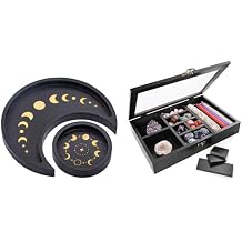 Crescent Moon Tray Crystal Holder Set, Adjustable Rock Display Case, Rock Collection Box with Shelves, Black Wood Crystal Organizer for Stones Storage,Gem Holder with Lid for Seashell