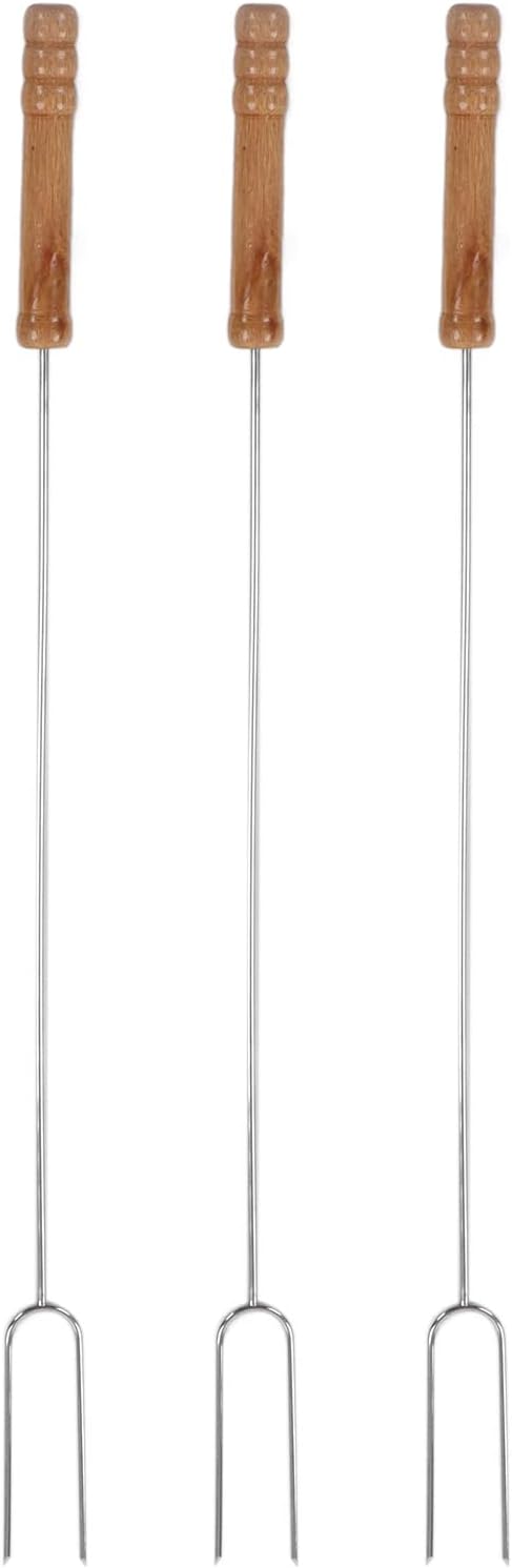 Marshmallow Roasting Sticks, 3Pcs Barbecue Forks Multifunctional Stainless Steel Roasting Sticks with Wooden Handle for Outdoor BBQ Camping 18.6in