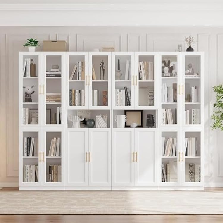 VOWNER Bookcase with Glass Doors & Drawers, 5 Tier Bookshelf with Adjustable Shelf, Modern Large Storage Display Cabinet Set for Home Office, Living Room, White CDDC