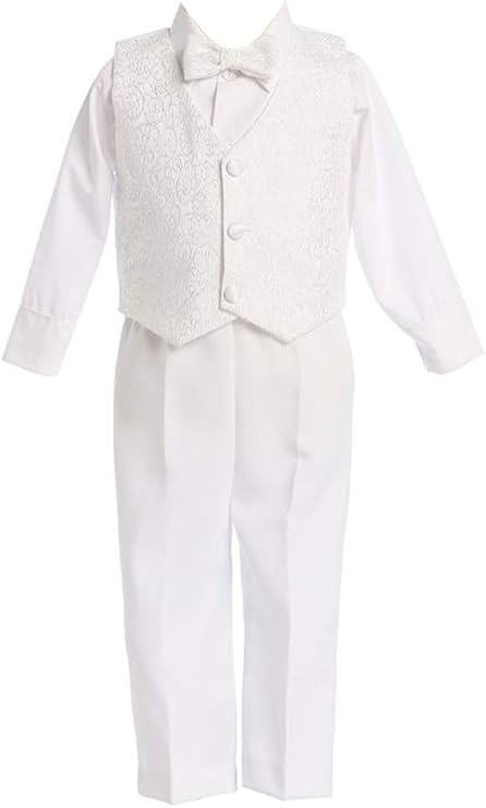 4 Piece White Boys Embroidered Jacquard Christening Baptism or Wedding Vest Set