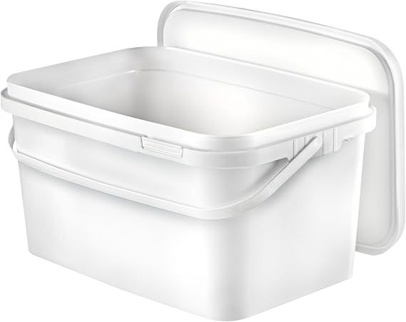 BenBow Rectangular bucket with lid 1.1 gal (1x 5L) white - food-safe, stackable plastic box with handle – empty