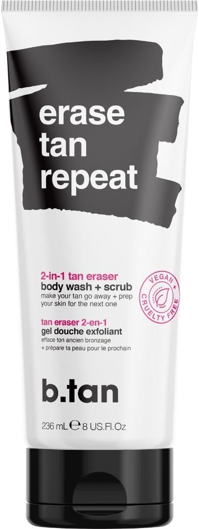 b.tan Self Tanner Remover & Body Wash | Erase Tan Repeat - 2-in-1 Exfoliating Scrub and Skin Cleanser, Sunless Tanning Eraser & Exfoliator, Prep Skin for Next Tan, 237ml