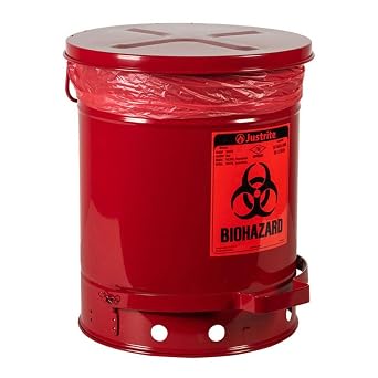 Justrite 05930R Steel Biohazard Waste Can, 10 Gallon Capacity, Red