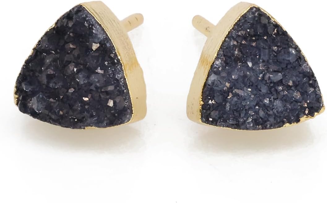 Druzy Quartz Crystal Healing Gemstone Golden Edge Trillion Shape Stud Earrings Stone Size 8mm