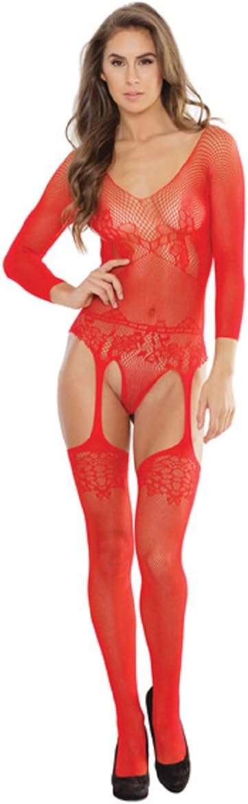 Coquette international Sleek Seamless Stretch Net Long Sleeve Teddy W/attch. Stockings Red O/s