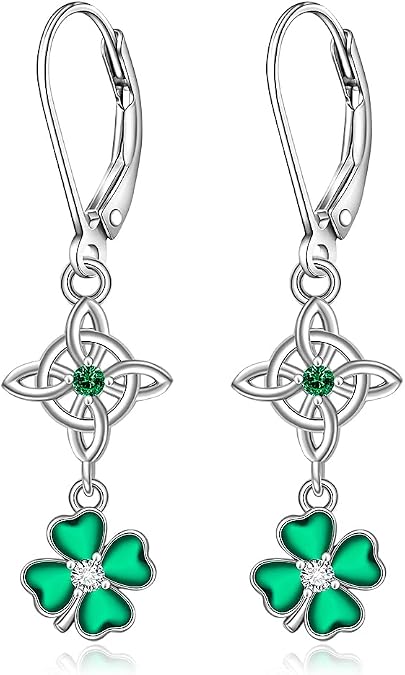 Shamrock Earrings Stud St Patricks Day Earrings for Women Sterling Silver Four Leaf Clover Celtic Good Lucky Irish Gifts
