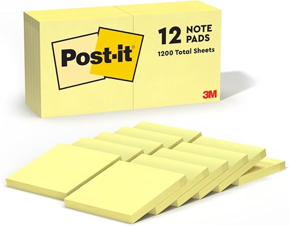 Post-it Notes, 3 x 3 in, The Iconic Canary Yellow Note, 12 Pads
