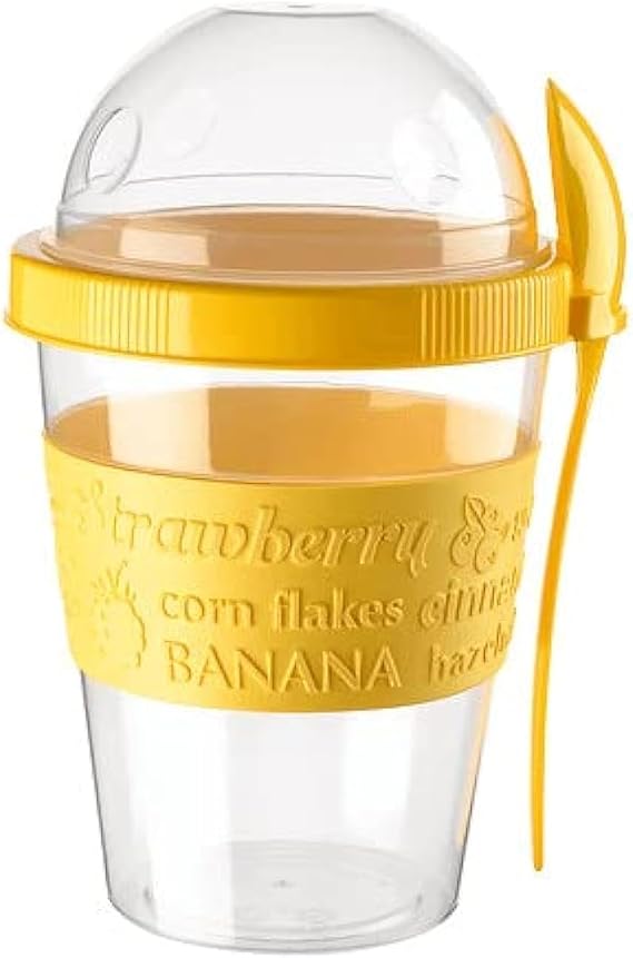 Breakfast On the Go Cups, Take and Go Yogurt Cup with Topping Cereal or Oatmeal Container, Portable Lux Yogurt Cereal To-Go Container with Top Lid Granola & Fruit Compartment (Yellow)