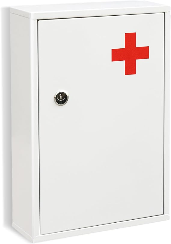 Wall Mount Locking Medicine Cabinet, Compact Steel First Aid Organizer with Key Lock, First Aid Box Empty Storage Box for Bathroom Kitchen Closet, 12.6 x 8.5 x 3.1 Inch White