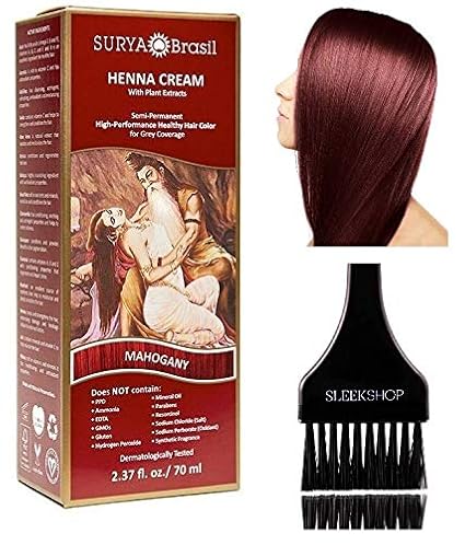 Surya Brasil All Natural HENNA Hair Color CREAM Plant Extracts, Semi-Permanent for Grey Coverage (with Brush) Brazil (MAHOGANY)
