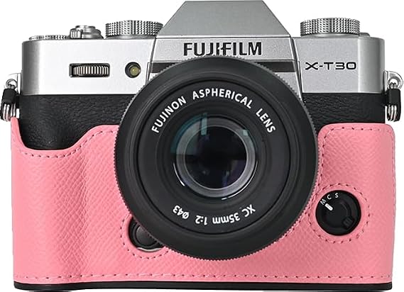 X-T30 Case, BMAOLLONGB Handmade PU Leather Half Camera Case Bag Cover Bottom Opening Version for Fujifilm X-T30 XT30 with Hand Strap (Pink)