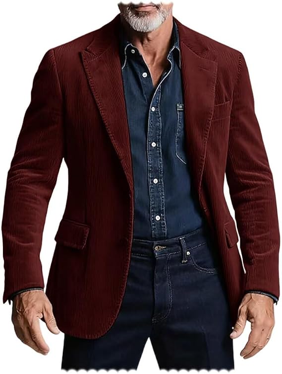 Men's Peaked Lapel Corduroy Blazer Classic Long-Sleeved Formal Jacket
