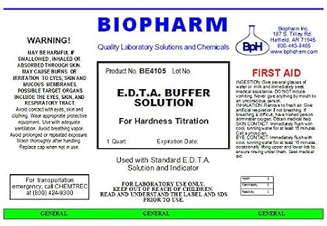 Biopharm EDTA Buffer Solution for Hardness Titration, 1 Quart (950 mL) | Stabilizes pH for EDTA Titrations. Contains no EDTA, no Magnesium.