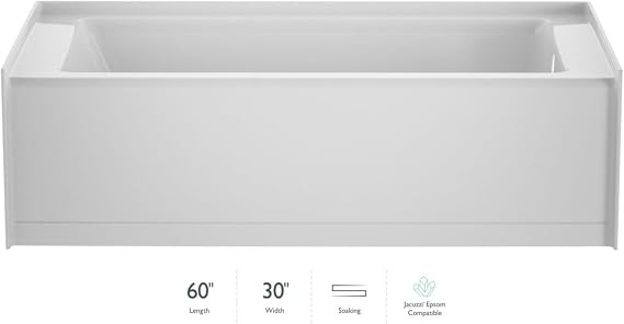Jacuzzi SIGNATURE Acrylic Low-Profile 17" Bathtub, Soaking Sanctuary for Homes & Businesses, Slip Resistant, Right Drain Placement, 60" (L) x 30" (W), White