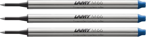 Lamy M66 3-pack metal rollerball refill with large capacity - Original replacement refill for all rollerball pens without cap - Document-proof - Medium line width in blue ink