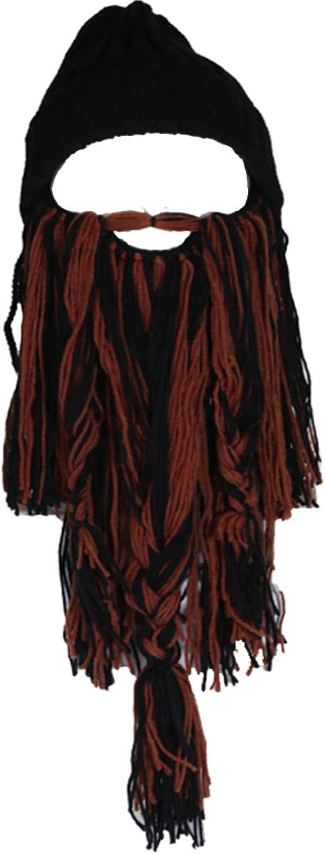 YEKEYI Viking Horns Hat Winter Warm Funny Hat Beard Facemask Handmade Knit Hat Removable Beard