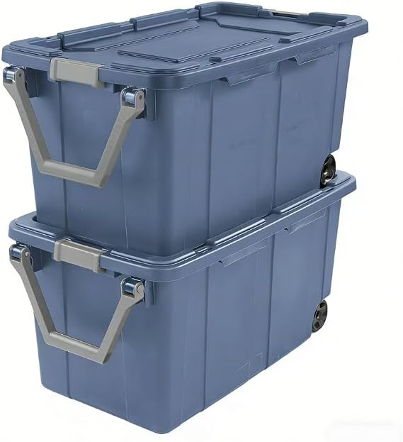 Extra-large wheeled storage box, 40 gallons sturdy plastic storage box, with snap-lock lid and handle, blue, 2-pack