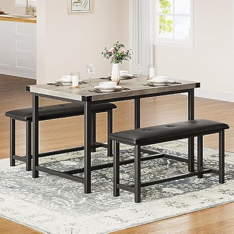 Dining Table Set for 4, Kitchen Table with 2 Upholstered Benches, Rectangular Dining Room Table Set, 3 Piece Kitchen Table Set for Small Space, Apartment, Studio, Home, Rustic Gray