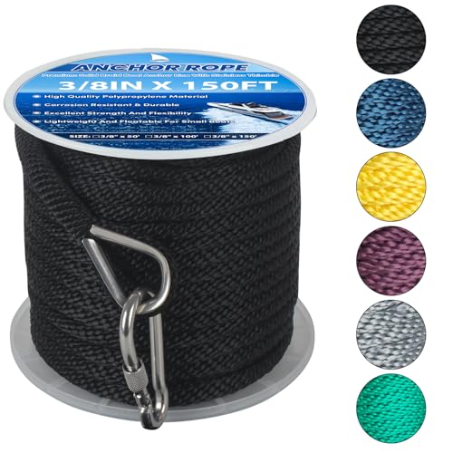 Anchor Rope 150FT x 38in,Premium Solid MFP Braided Boat Anchor Ropes Anchor Line with Stainless Steel Thimble & Snap Hook,Boat Ropes Marine Rope for Anchors and Boats Black