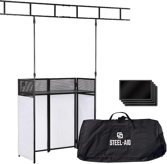 STEEL-AID Foldable, Portable DJ Controller Studio Booth With I-Beam Light Truss System & Carry Case - Professional DJ Tabletop Stand with Black & White Panels for Recording Sound Equipment & Lights