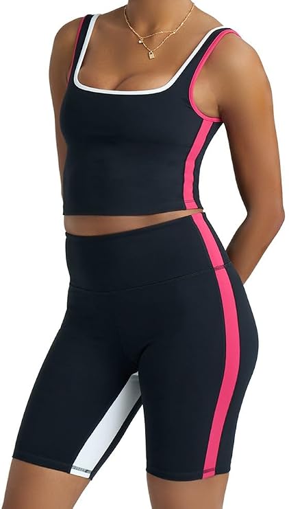 Two piece workout sets for women, 2 piece Gym Sets Tank Top Shelf Sports Bra And Matching Biker Shorts Running Work Out Yoga