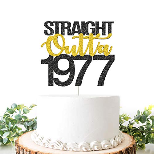 Black Golden Glitter Straight Outta 1977 Cake Topper, Happy 47th Cake Decoration, Forty-seven Birthday Anniversary Party SuppliesVow Renewal Party for Women or Men - Double Color