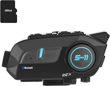 S-11 Motorcycle Bluetooth Headset with 2K HD Camera & Video,3000m 6 Riders Intercoms,WiFi Transit/CVC Noise Cancellation/360Adjustable/Auto Connection/Music Sharing/32GB SD Card A
