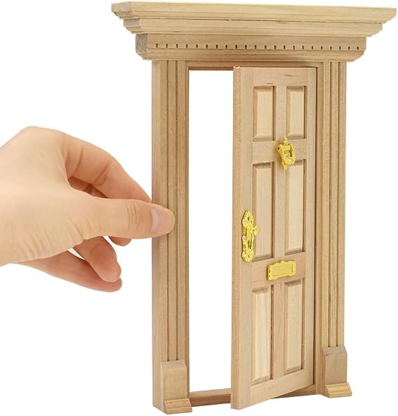 iLAND Dollhouse Door on 1 12 Scale, Unfinished Paintable Neoclassical Wooden Door w/Metal Handle, Mail Slot, Key & Knocker, Miniature Building Supplies Dollhouse Furniture & Decor