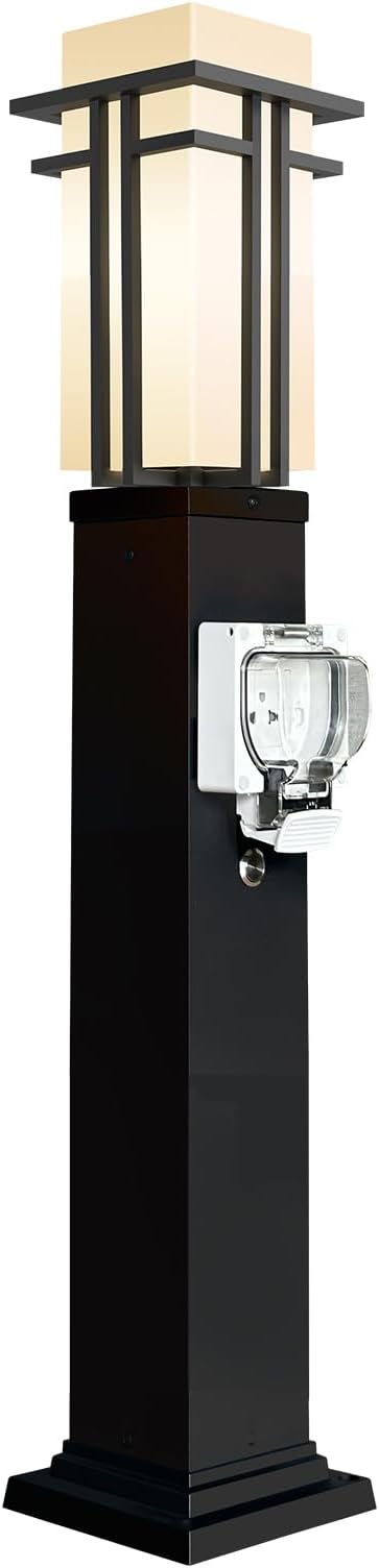 Outdoor Lamp Post with Outlet, Modern Post Light Fixture for Yard