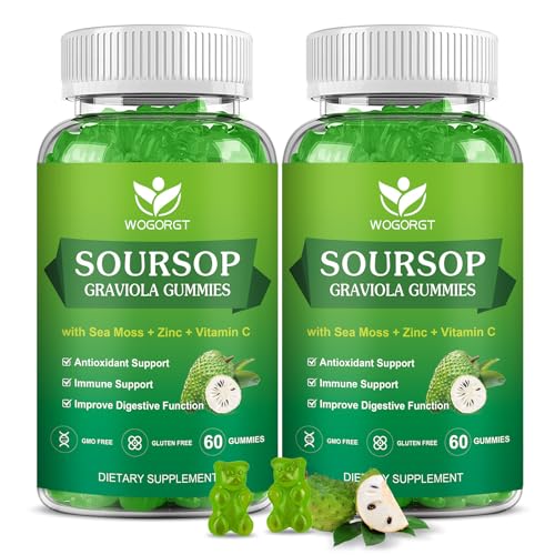 Soursop Graviola Gummies with Sea Moss Extract - Antioxidant, Cell Support & Regeneration, Immune Support, Soursop Gummy with Sea Moss, Vitamin C & Zinc, Apple Flavor - 60 Gummies2 Pack