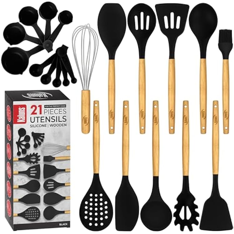 Kaluns Silicone Kitchen Utensils Set, Premium Non Stick Cooking Utensils Set - 21 Pcs Wooden Handle Silicone Spatula Set 446F Heat Resistant - Kitchen Gadgets Home Essentials